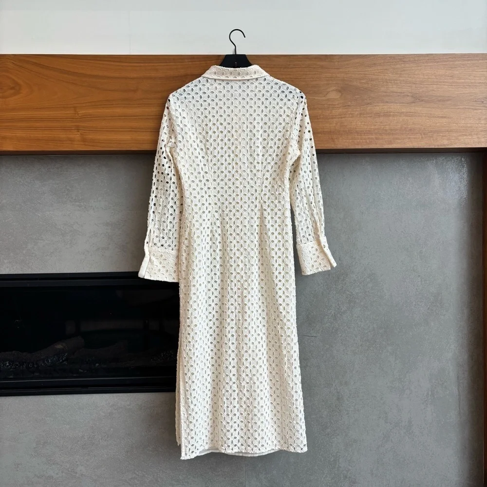 ZARA CREAM EMBROIDERED CUTWORK MIDI DRESS, SIZE M